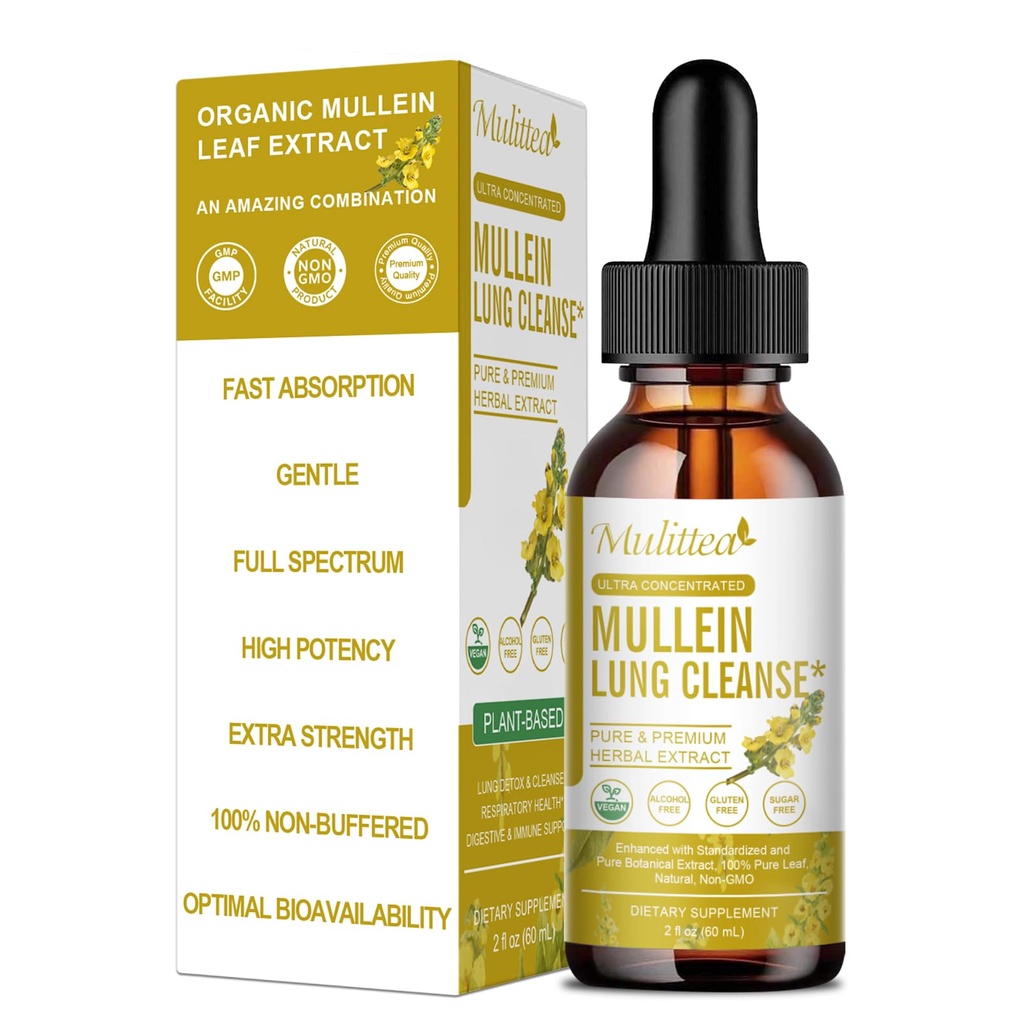 Mulittea MulleinはLungs及びリンパ排水のための低下-5-in-1の草のエキスの液体をMarshmallowの根、Elderberry、Licorice Root-Lungのクレンジング及び呼吸器サポート非GMO、ベジタリアン-2 Fl Ozに落とします