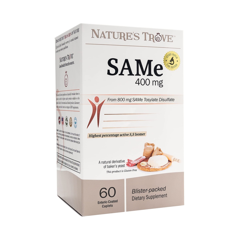 Nature's Trove SAM-e 400mg 60 Enteric上塗を施してある小冊子。 ビーガン, コーシャ, 非GMOプロジェクト検証, 大豆フリー, グルテンフリー - コールドフォームブリスターパック.