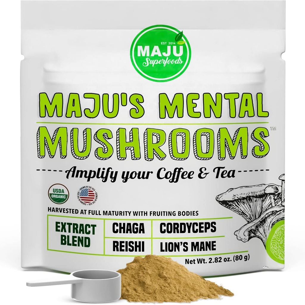 MAJUの精神的なきのこの粉のエキス、強いライオンのマニー、チャガ、Reishi、Codyceps、コーヒー、免疫システム ブースター、向知性の頭脳の補足、記憶、有機のきのこのためのフルーツ ボディ
