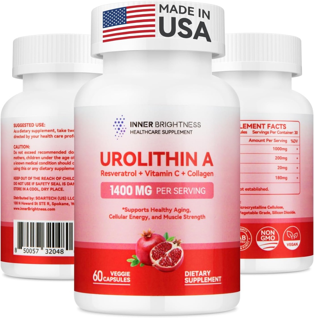 Urolithin A サプリメント 1400 MG - 非GMO、グルテンフリー、アンチエイジング、セルラーリニューアル、筋肉強度、耐久性、長寿サポート、Liposomal Urolithin A、60 カウント