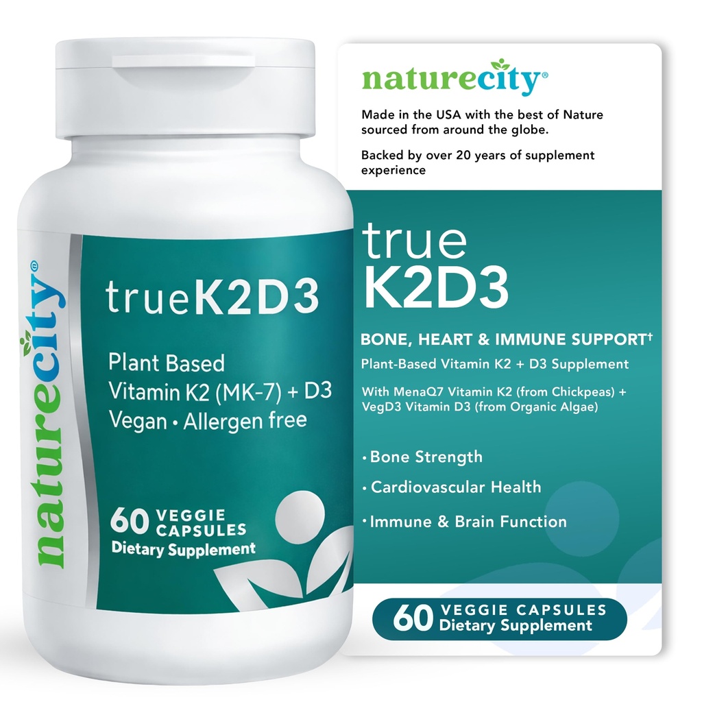 NatureCity TrueK2D3 植物ベースのビタミン K2 MK7 (90 mcg) & Algae(2,500 IU) 2 in 1 ビタミン D3 K2 骨、心臓および免疫の健康のためのサプリメント - 60 野菜カプセル