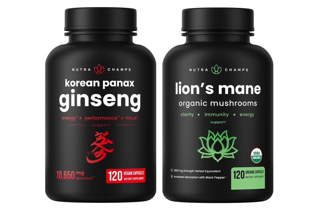 NutraChamps韓国のGinsengのカプセルおよびライオンのManeのカプセル2のパックの束