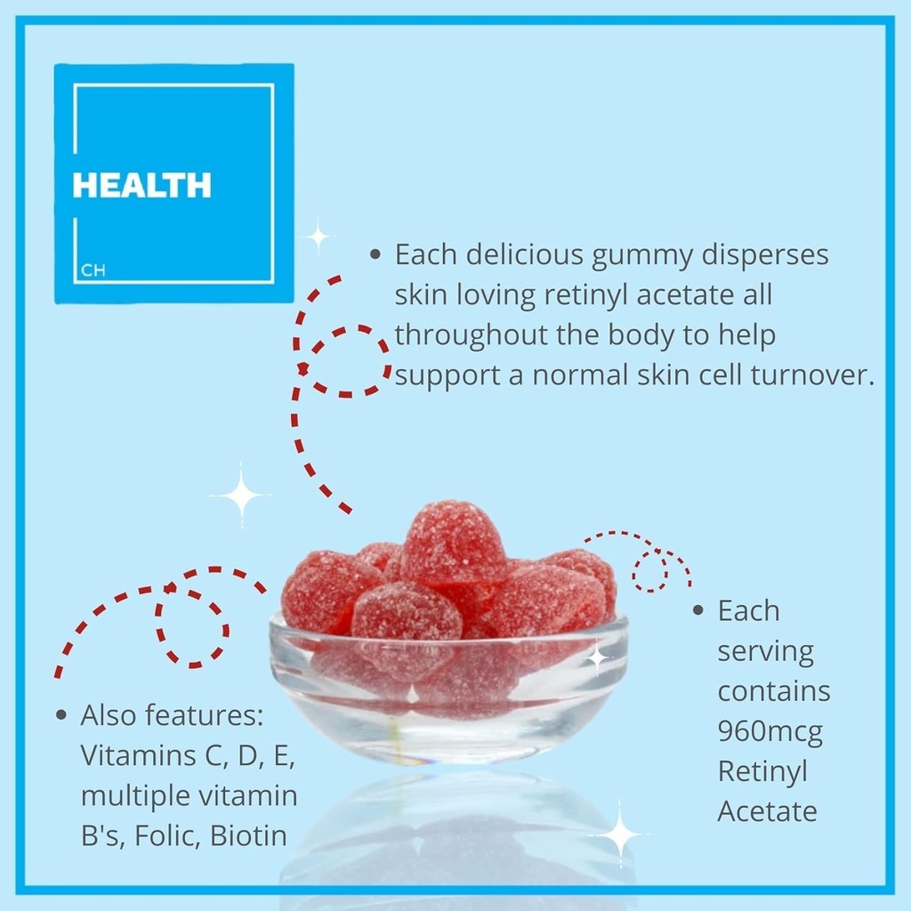 一貫性のある健康レジンロール - マルチビタミンレチノールガミー - アンチエイジングビタミンAサプリメント - 成長、若々しい&クリアスキン強力な髪&ネイル - ビタミンB6、B12、C、D3、葉酸、亜鉛 - 60グミ