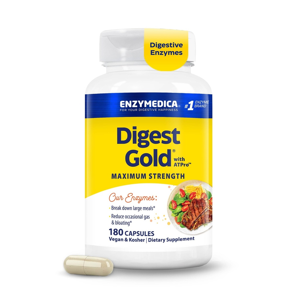 Enzymedica のダイジェストの金 + ATPro の最高の強さ、速い機能、助けは大きい食事をダイジェストし、膨脹およびガス、180 の計算(FFP)を防ぎます
