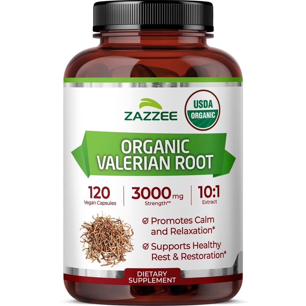 ZazzeeのUSDAの有機性Valerianの根10:1のエキス、3000のmgの強さ、120のVeganのカプセル、4か月の供給、Valerianaのofficinalis、10Xの効力、100%の菜食主義者、非GMO、米国でなされる