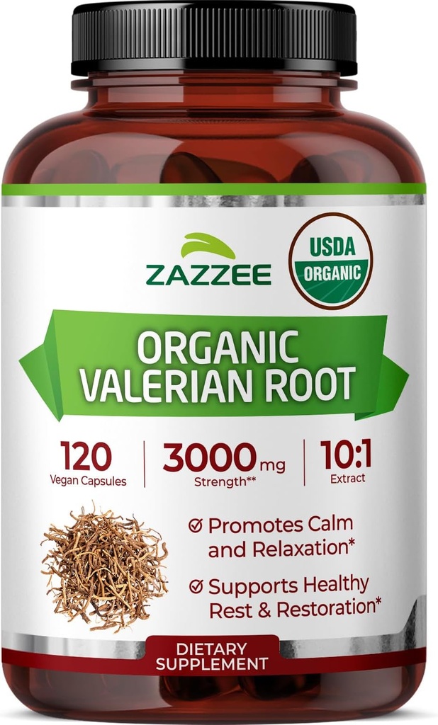 ZazzeeのUSDAの有機性Valerianの根10:1のエキス、3000のmgの強さ、120のVeganのカプセル、4か月の供給、Valerianaのofficinalis、10Xの効力、100%の菜食主義者、非GMO、米国でなされる