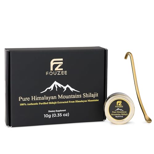 FOUZEEの純粋なヒマラヤ山脈のシラジット- 77% +フルヴィク酸の実質の堅い一貫性、フルヴィク酸の自然な源、85の跡の鉱物上の、含んでいますステンレス鋼スプーン(10グラム)を