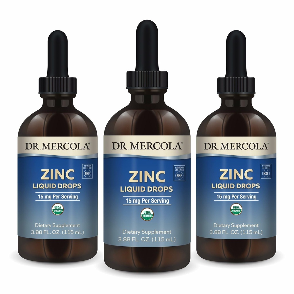 Dr. Mercola 亜鉛液体ドロップ - 免疫と臓器の健康をサポート - 15 mg 有機亜鉛液体ドロップ - USDA 有機 - NSF 認定 - 非GMO、グルテンフリー&大豆フリー - 3.88 fl oz (3 パック)