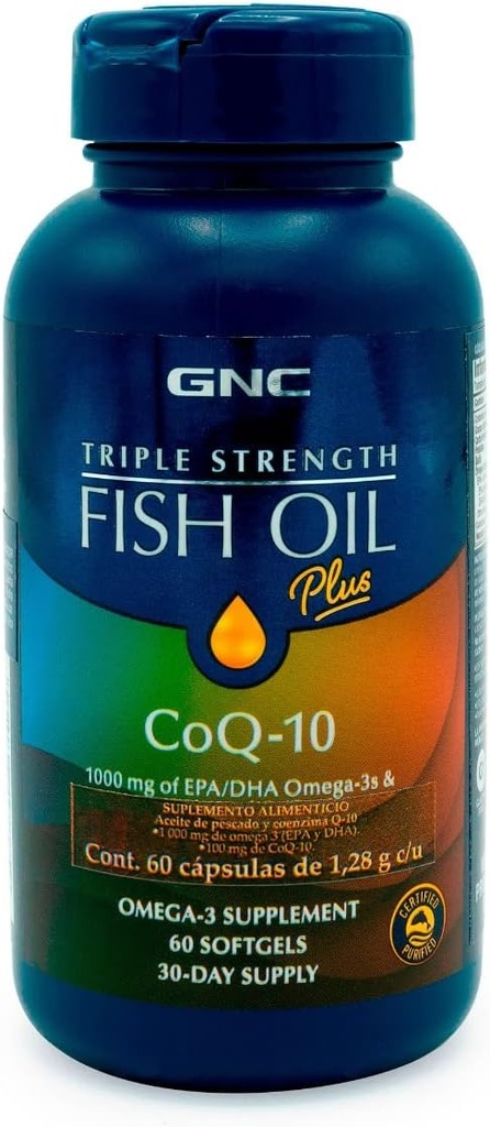 GNCの三重力の魚油プラスCoQ10オメガ3の補足、1000mg EPAおよびDHA、100mg CoQ10、中心および循環の健康、プラスの皮、接合箇所、頭脳および目は、Fishy Burps、30のサービングを制御するために塗られる