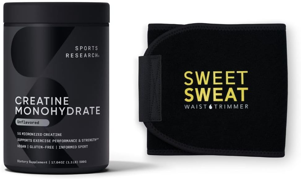 Sports Research Creatine Monohydrate and Sweet Sweat Waist Trimmer - Black and Yellow (Medium)
