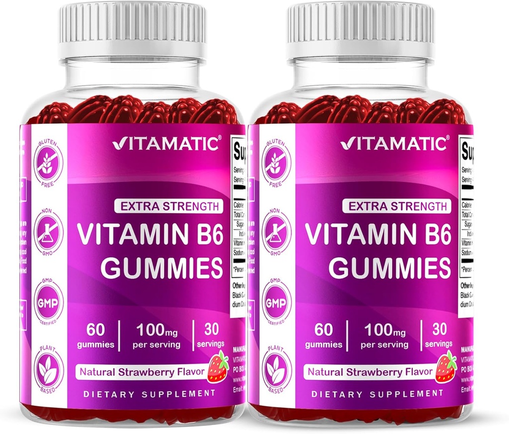 Vitamatic 2 パック ビタミン B6 100 mg グミ - ナチュラル いちご風味 - 60 ボトルあたりペクチンベースのグミ - 神経系とエネルギー サポート