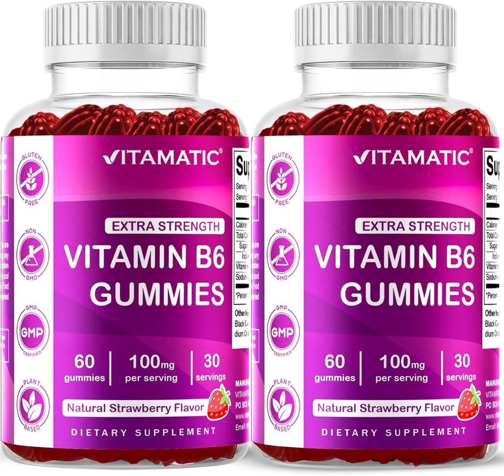 Vitamatic 2 パック ビタミン B6 100 mg グミ - ナチュラル いちご風味 - 60 ボトルあたりペクチンベースのグミ - 神経系とエネルギー サポート