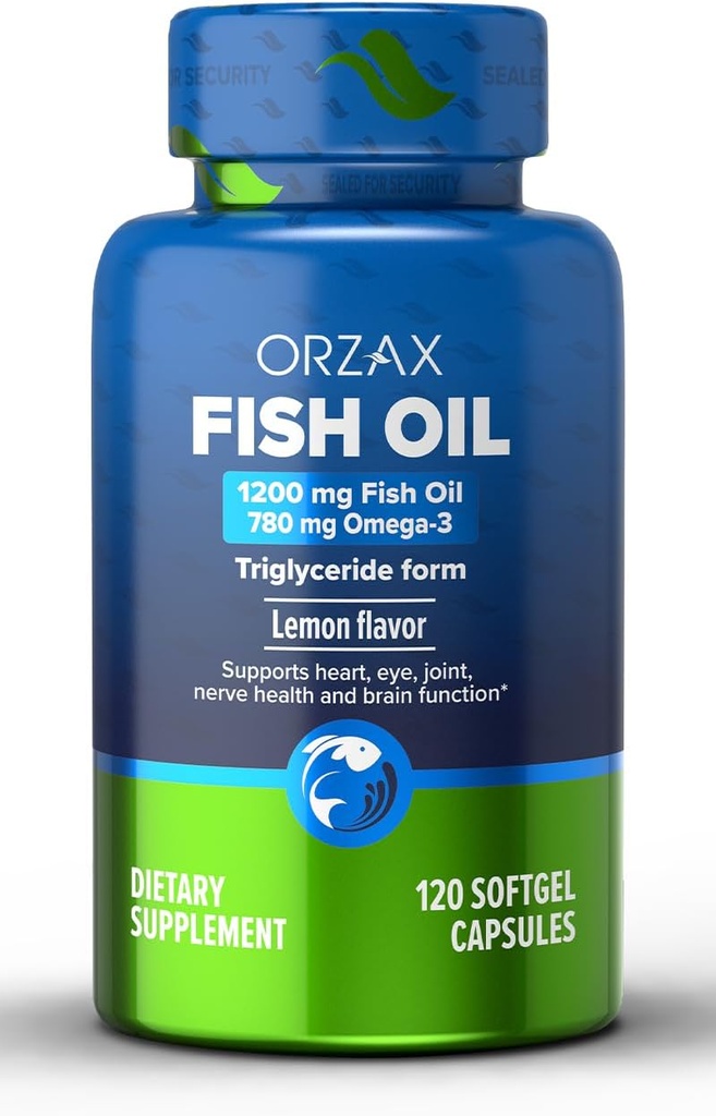 ORZAXオメガ3フィッシュオイル1200mg - EPA DHAオメガ3サプリメント - 心、目、関節、神経、免疫、脳、および血液の健康を促進 - ビルプレス&レモン風味 - 非GMO - 120ソフトゲル - 60日の供給