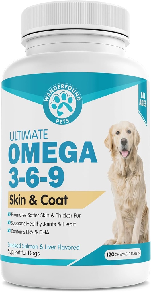 Wanderfound Pets - Omega 3 Fish Oil for Dogs, Smoked Salmon and Liver Flavor, 120 Chewable Tablets