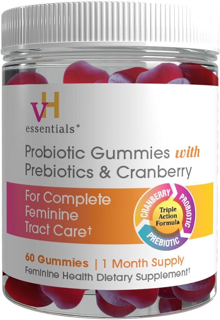 vH essentials Probiotic Gummies with Prebiotics & Cranberry, Concentrated Extract for Urinary Tract Health, Supports Vaginal Microflora Balance for a Healthy Feminine Tract, 60 Count