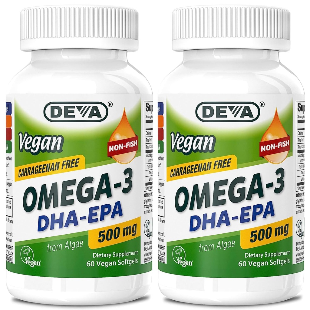 DEVAビーガンオメガ-3 DHA-EPA 500MG 2-パック – カラギーナンなし, 藻類由来の非魚油, 非GMO, 60 ゼラチンフリーソフトゲル Ea