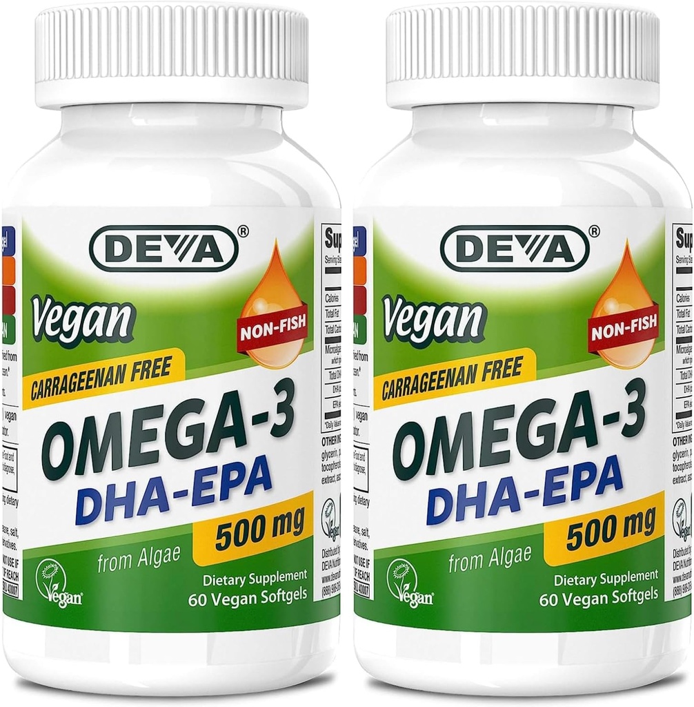 DEVAビーガンオメガ-3 DHA-EPA 500MG 2-パック – カラギーナンなし, 藻類由来の非魚油, 非GMO, 60 ゼラチンフリーソフトゲル Ea