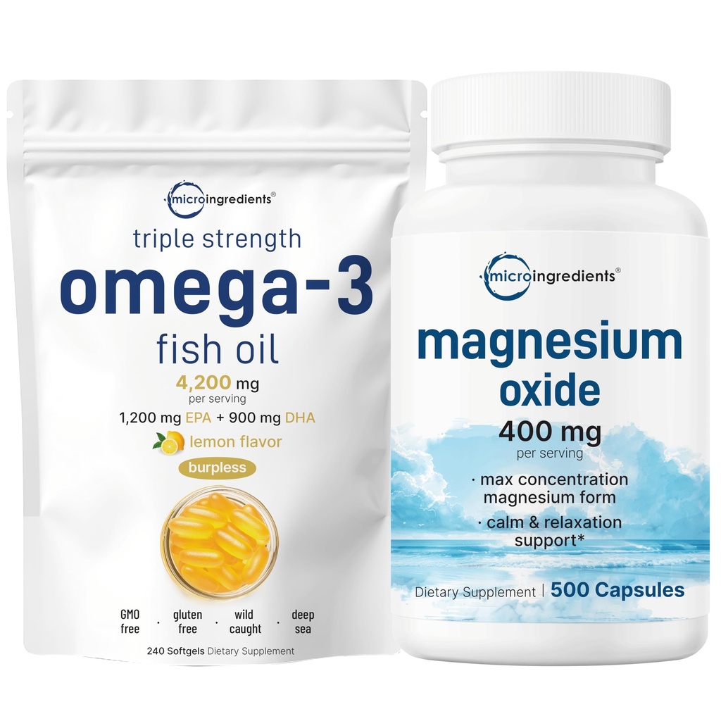 マイクロ成分オメガ-3 魚油 4,200mg & マグネシウム酸化物 400mg 束パック | ワイルドキャッチフィッシュ、レモン風味、バープレス | 最大濃度の元素形態