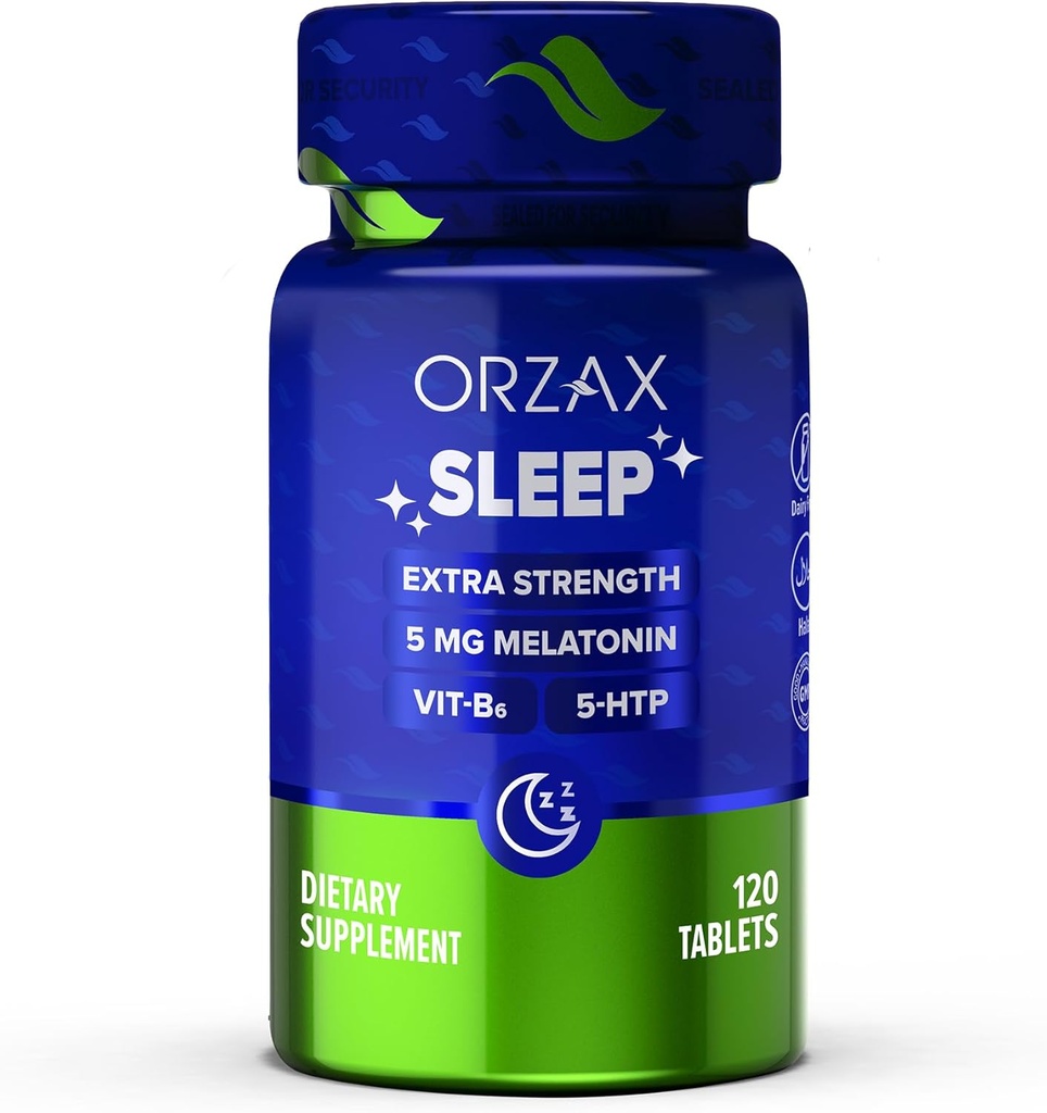 ORZAX 睡眠 - メラトニン 5 mg、ビタミン B6 および 5-HTP サプリメント - 大人のための残りの睡眠ビタミン (120 錠)