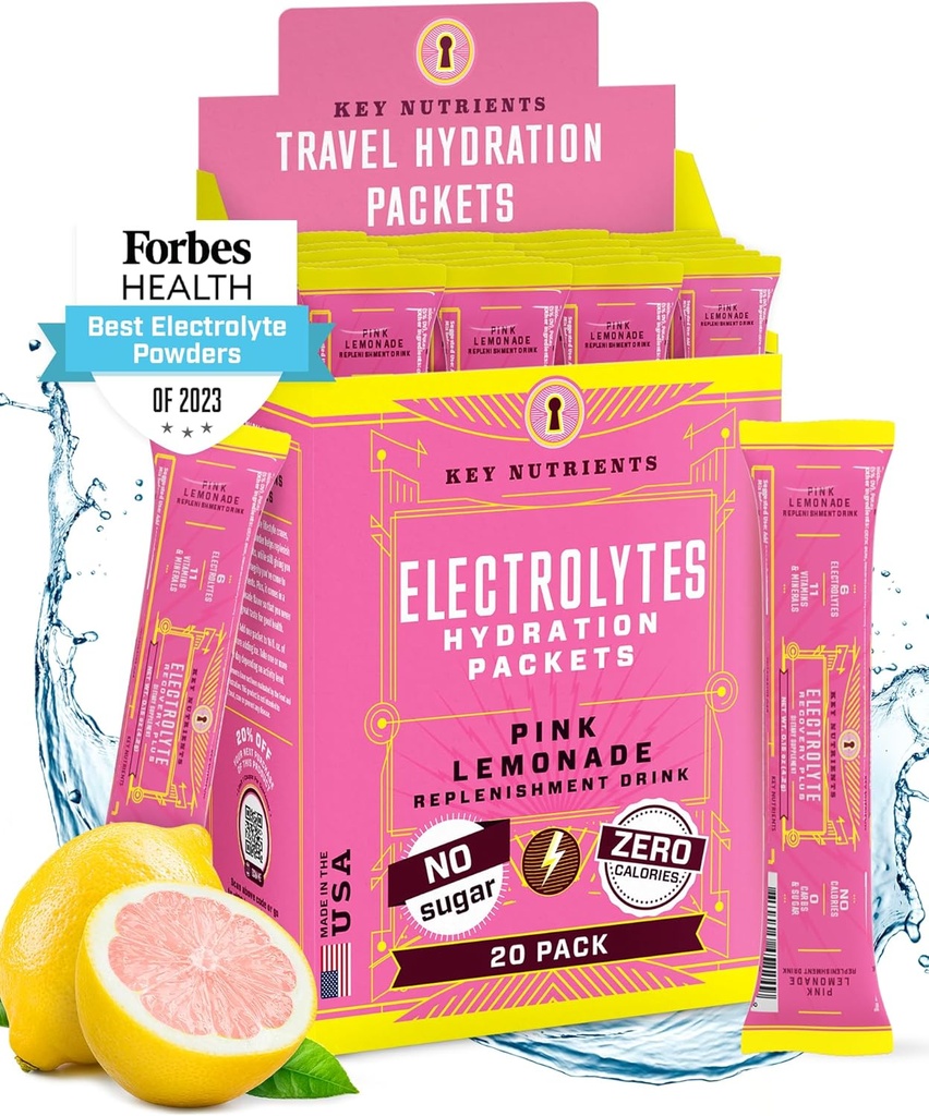 KEY NUTRIENTS 電解液パウダーパック - フレッシュピンクレモネード 18 パック ハイドレーション パウダー - 砂糖なし、カロリーなし、グルテンフリー - アメリカ製
