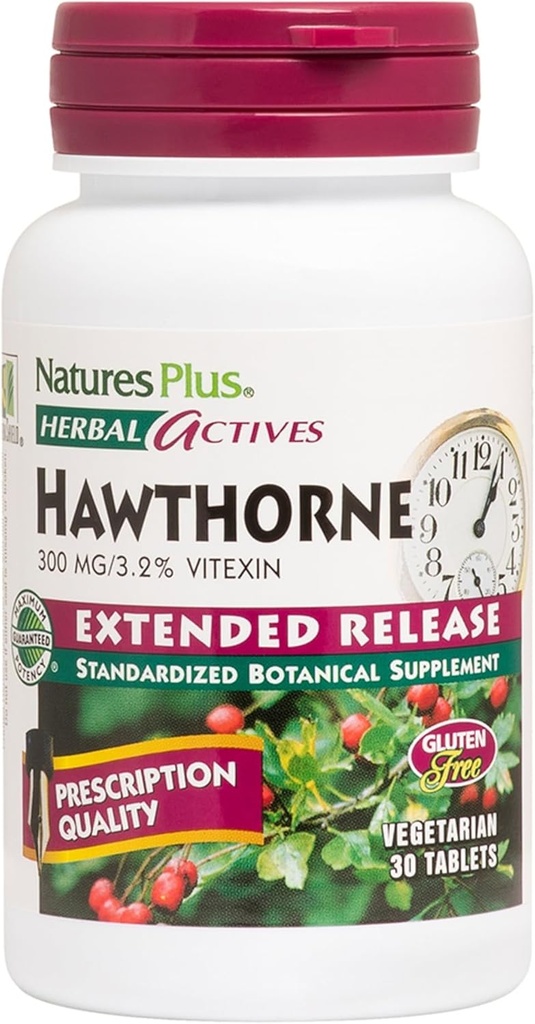 Natures Plus Herbal Actives Hawthorne - 300mg、3.2% Vitexin、30ビーガンタブレット - 30サービング