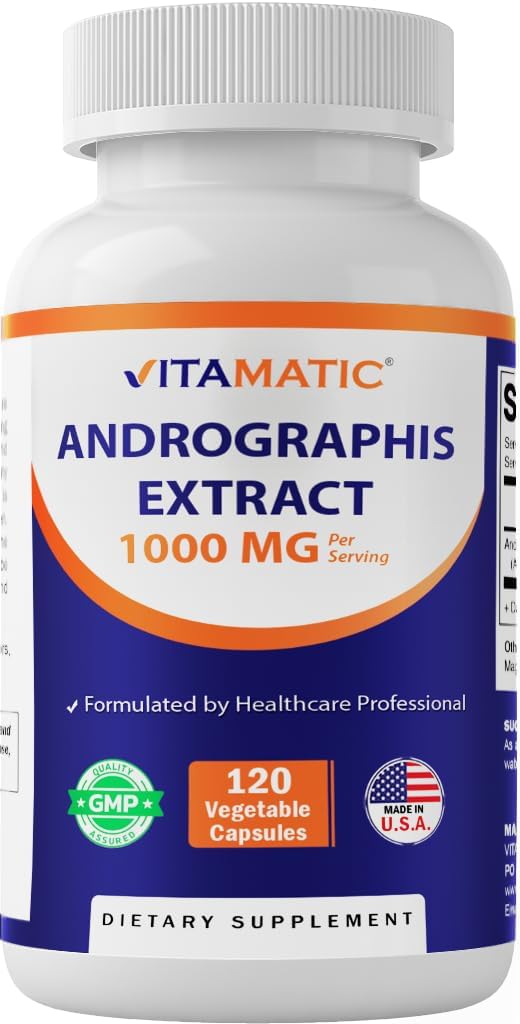 Vitamatic Andrographis抽出物1000 mg/サービング - 120 Vegカプセル - 20X抽出物、100%ベジタリアン、オールナチュラル、グルテンフリー、非GMO
