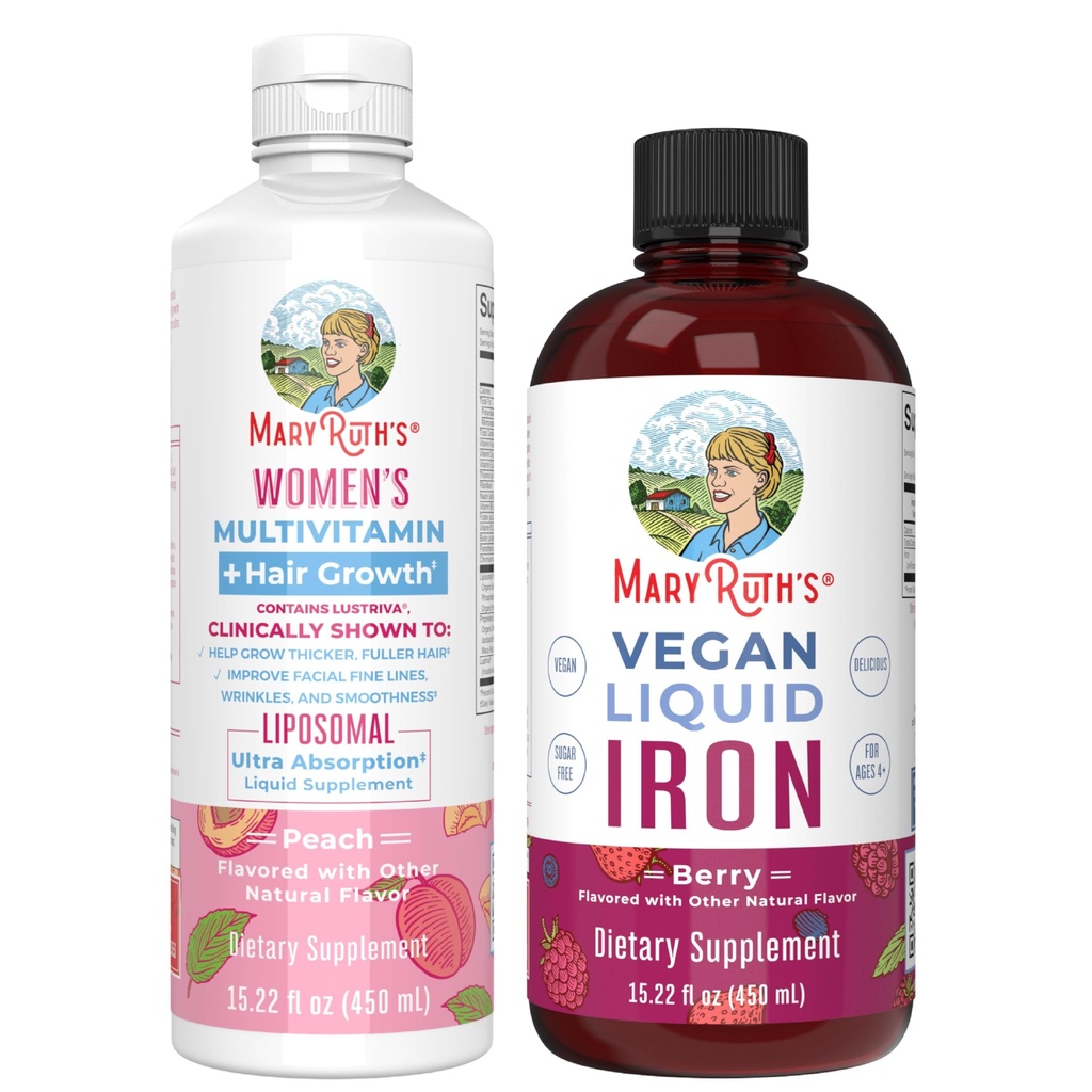 MaryRuth's Women's Multivitamin + Hair Growth Liposomal(ピーチ) & Iron Liquid(ベリー) | Clean Label Project Verified® | 美、免疫、健康のサプリメント | 完全菜食主義者、非GMO、グルテンフリー