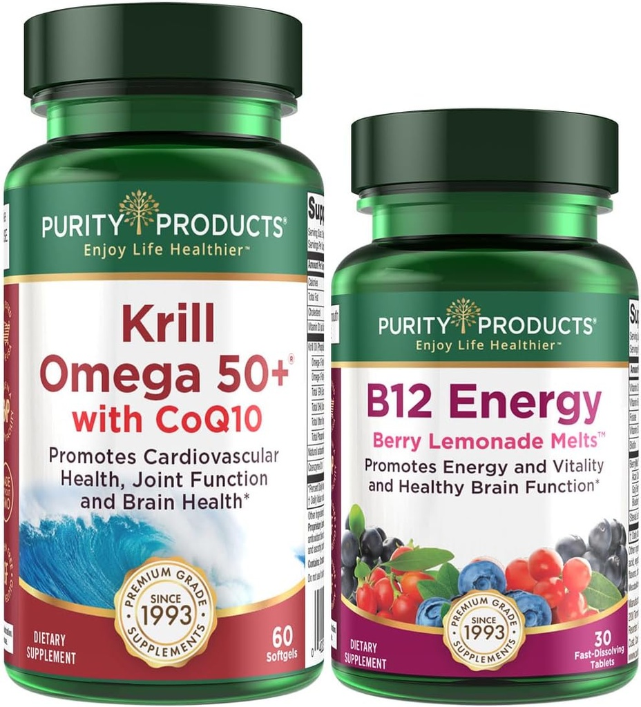 純度プロダクト 束-CoQ10 + B-12エネルギー メルトが付いているKrill Omega 50+ - CoQ10 (Krillオイル、魚油、CoQ10、ビタミンD) B-12の果実の溶解(Methylcobalamin B12 + B6 + D3 +多く)とのKrill Omega 50+