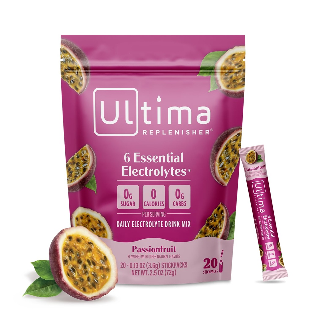 Ultima Replenisher毎日電解パウダードリンクミックス - 砂糖無料 - パッションフルーツ、20スティックパック - 6電解液とトレースミネラルの水分補給パケット - Ketoフレンドリー、非GMO