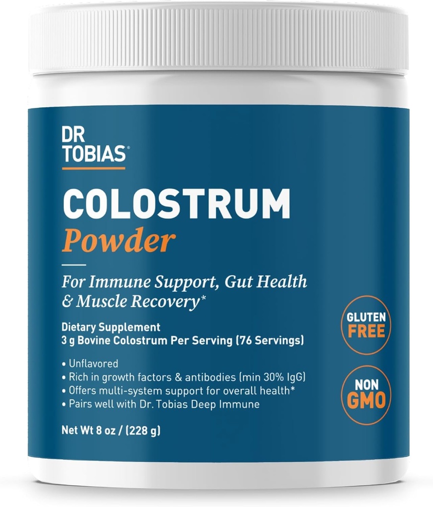 Dr. Tobias Colostrumパウダー、免疫サポートのためのPremium Bovine Colostrumサプリメント、Gut Health& Muscle Recovery、サービングあたり3g、最小30% IgG、アンフラブレーション、8オンス、76サービング