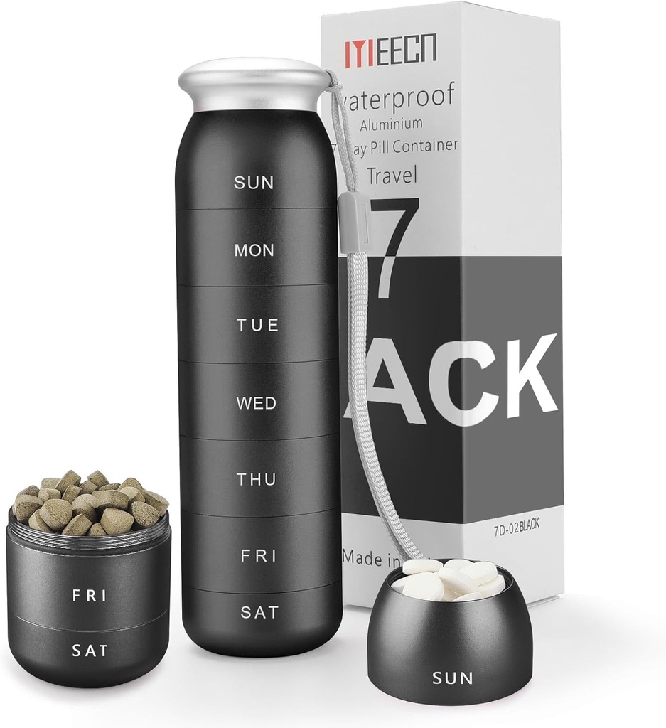 ウィークリーピルオーガナイザー、ポータブル旅行7日、防水容器、大、アルミニウム、金属、ビタミン、タラ肝油、サプリメント、医薬品(黒)