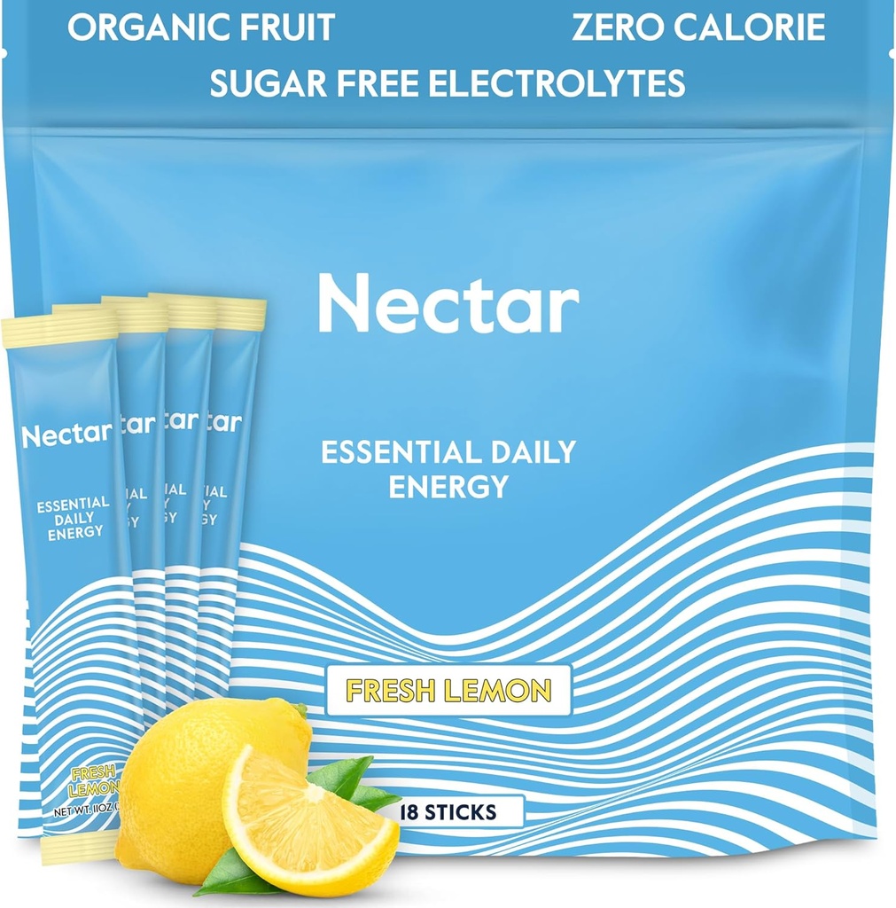 Nectarエネルギーブースター - 有機カフェイン、B12&電解 - 砂糖無料&ゼロカロリー - 健康的なコーヒー、エネルギードリンク&ソーダ代替 - 水分補給&エネルギーサプリメント(レモン18パウダーパック)