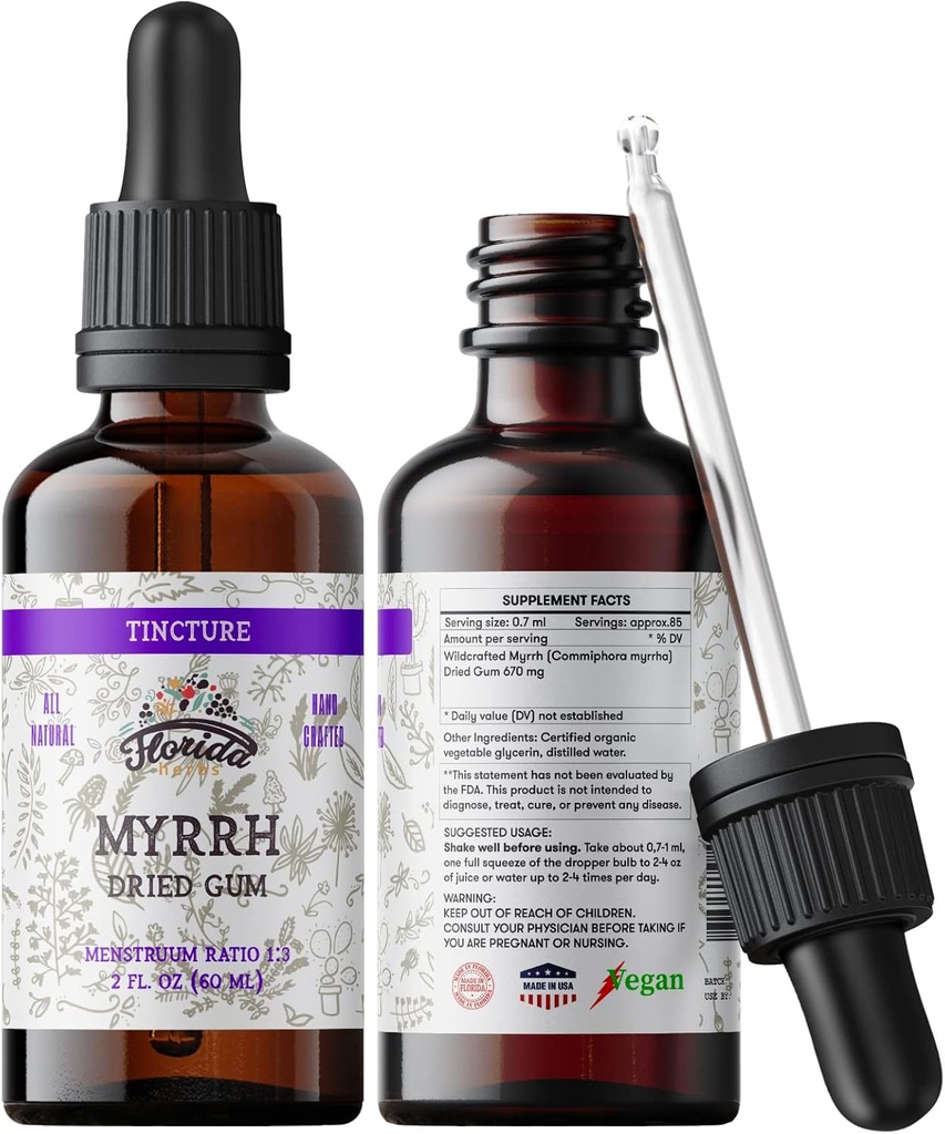 Myrrh Tincture、IndigestionのためのMyrrhのエキス(Commiphoraのmyrrha) - 冷たい出版物された有機性野菜のグリセリン670のmgの非GMO、補足670のmg