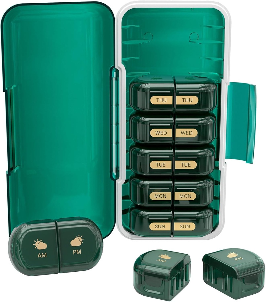週刊Pillオーガナイザー2日、Moisture-Proof、Detachable Compartments、AM PM Pill Box 2X 7日、Pills/Fish Oil/Medication/Vitamin/Supplements(ダークグリーン)のための旅行Pillオーガナイザー