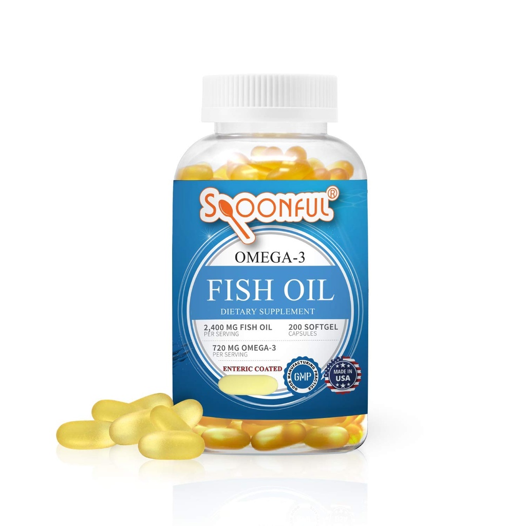 スプーンフルオメガ3魚油エンティックコーティング2400mg、200カプセル、バープレス、迅速なリリースSoftgelカプセル、米国製、NSF認定