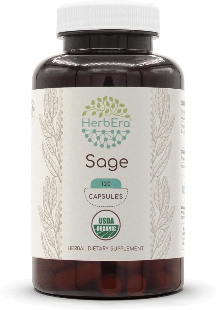 HerbEra Sage USDA Organic 120 Capsules | Natural Herbal Supplement | Certified Organic Vegetarian Capsules and Organic Sage (Salvia officinalis) Dried Leaf (120 Capsules)