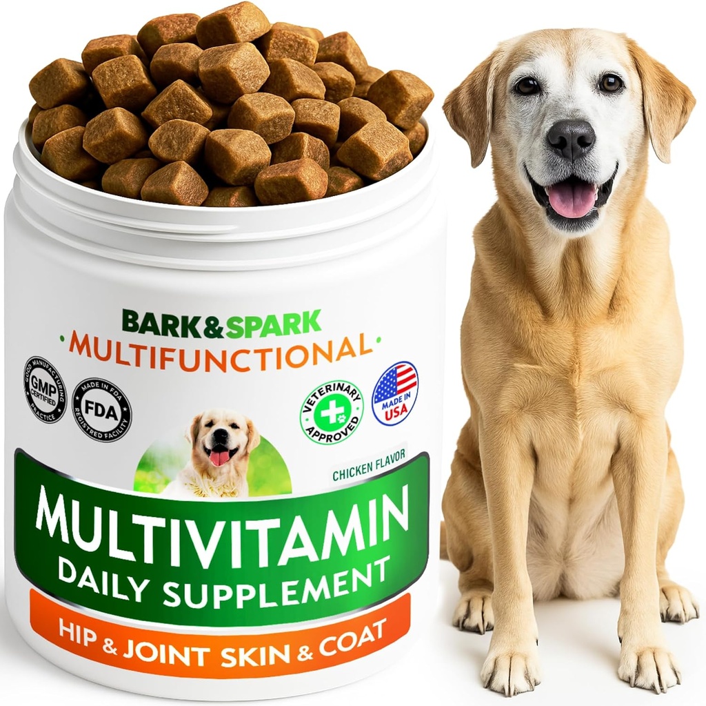 BARK&SPARKドッグビタミン&サプリメント - 犬のためのマルチビタミンChewableトリート - グルコサミンコンドロイチン - 皮膚&コートのためのオメガ + プロバイオティクス - ペット健康のためのマルチビタミン - 120Ct