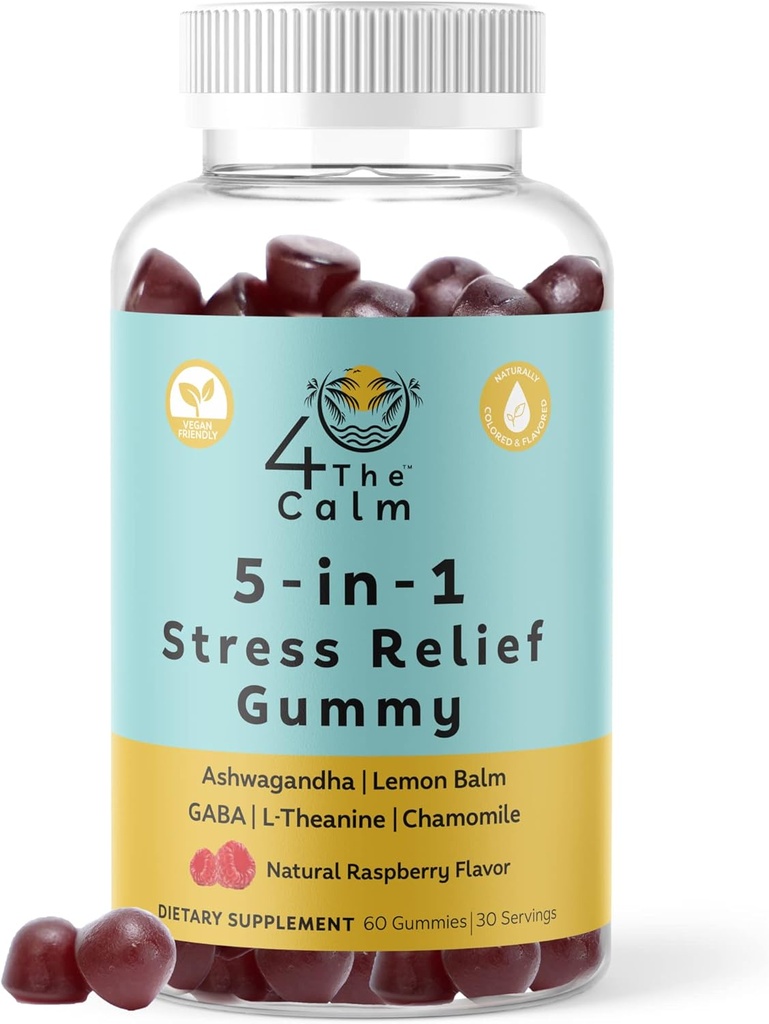 4TheCalm 5in1ストレスリリーフサプリメントガミー - GABA、レモンバーム、L-テアニン、シャモミール、アシュワガンダ - ストレスリリーフグミー(ナチュラルラズベリー味、60グミ)