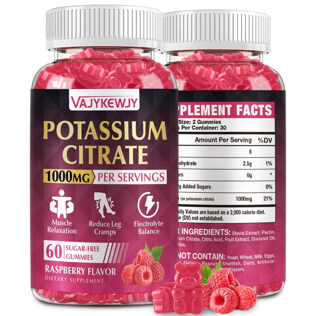 カリウムのクエン酸塩のグミー、高いカリウムの補足(1000mg)、サポート足のクランプ及び筋肉健康、大人及び子供のために適した、ビーガン、非GMO、60カウント