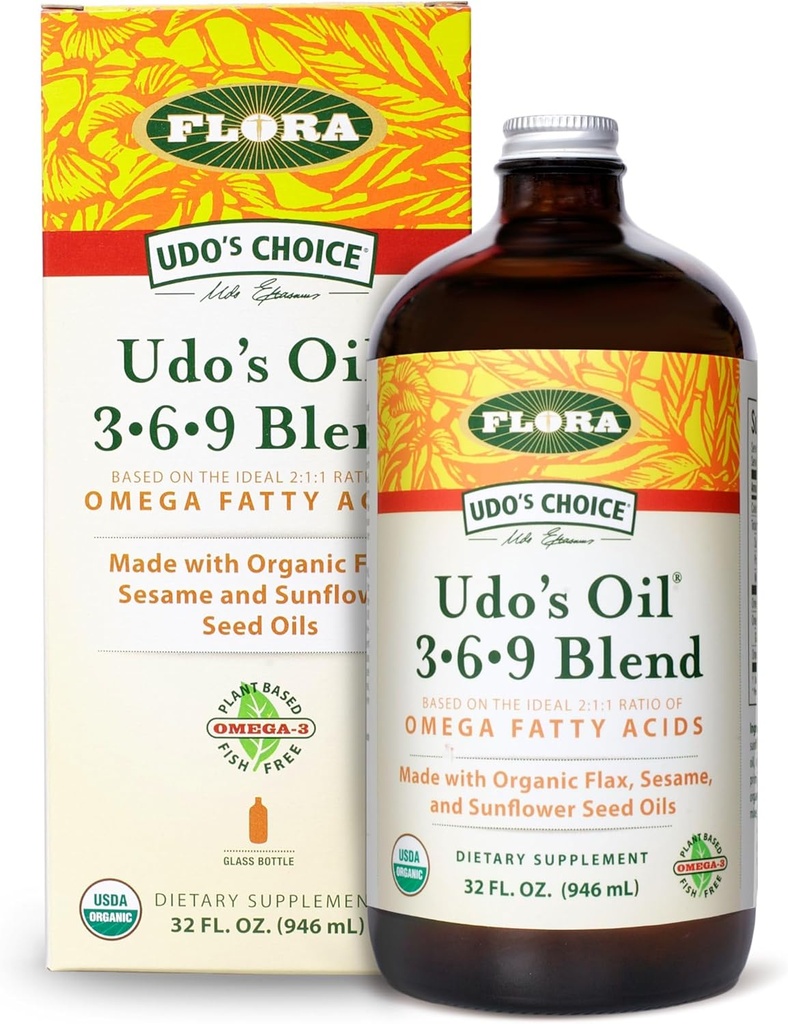 Flora Udo's Oil 3-6-9 Blend - Vegan Omega-3-6, Contains Organic Coconut, Flax Seed Oil & More - Keep Chilled - 32 fl. oz.