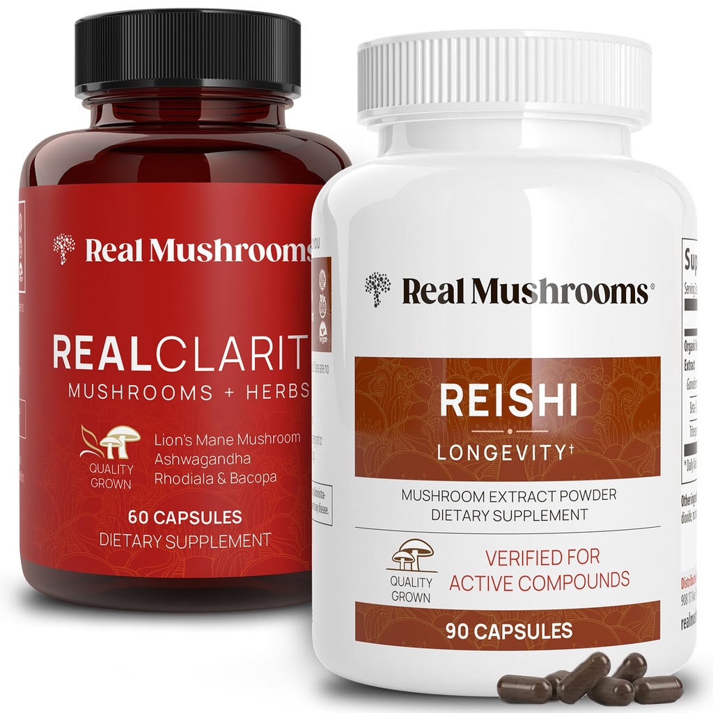 実質のきのこの実質の明快さ(60ct)およびReishi (90ct)のカプセルの束 - 精神的な明快さのためのきのこの補足、焦点、弛緩、睡眠及び長寿 - ビーガン、非GMOのベータ グルカンの確認されたレベル