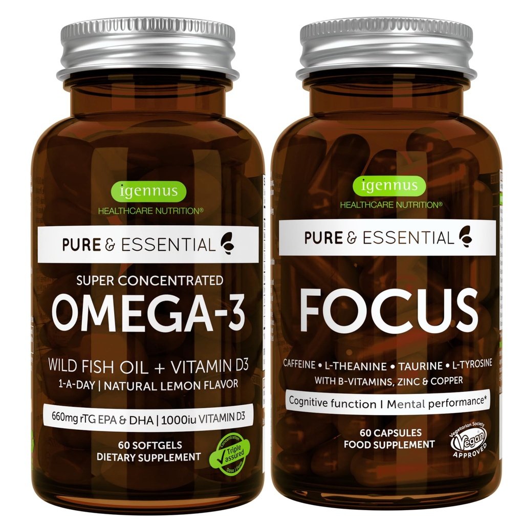 Omega-3&ビタミンD3 1000iu +フォーカス脳ブースターバンドル、ファーストアクション1デーEPA&DHA rTGワイルドフィッシュオイル+カフェイン、L-テアニン、タウリン&L-チロシン、B-ビタミン、亜鉛&銅、Igennus
