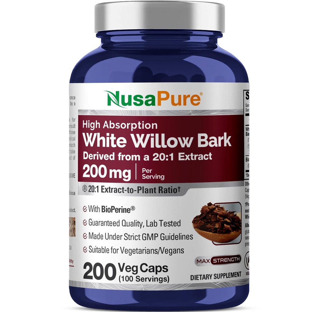 NusaPureホワイトウィローバーク20:1抽出物、4000mg、200ベジーカプセル、最大強度、(非GMO、ビーガン)と等価200mg