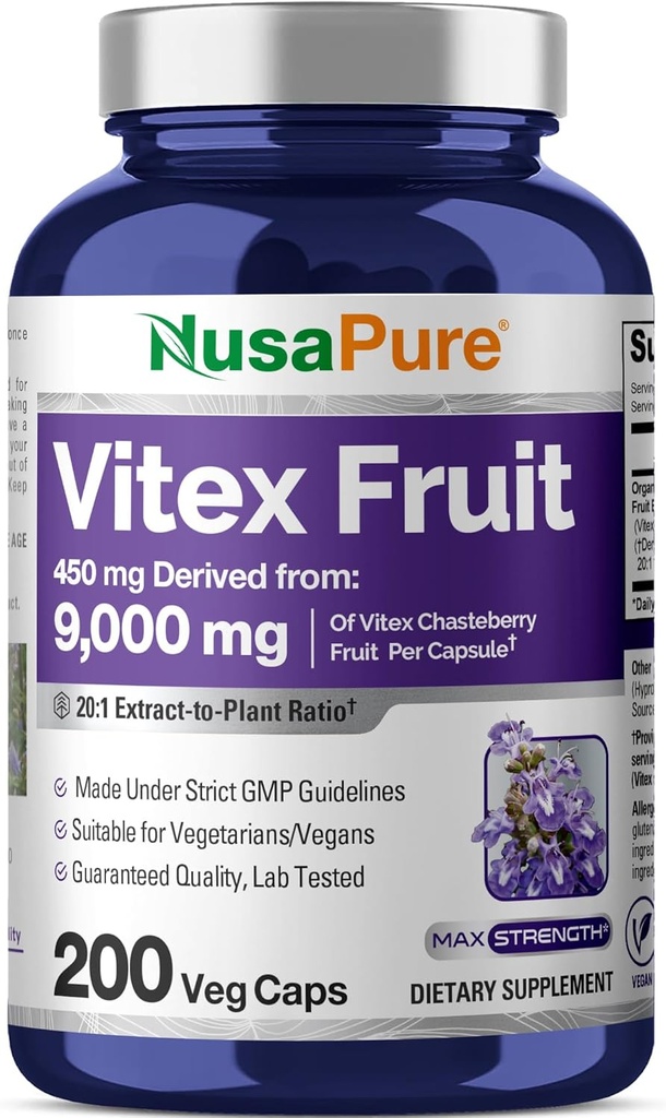 NusaPure Vitex Chasteberry フルーツ 20:1 エキス, 450 mg 相当 9,000 mg 200 ビーガンカプセル - 非GMO, ビーガン栄養補助食品
