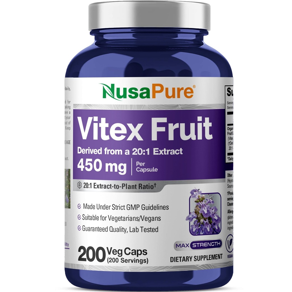 NusaPure Vitex Chasteberry フルーツ 20:1 エキス, 450 mg 相当 9,000 mg 200 ビーガンカプセル - 非GMO, ビーガン栄養補助食品