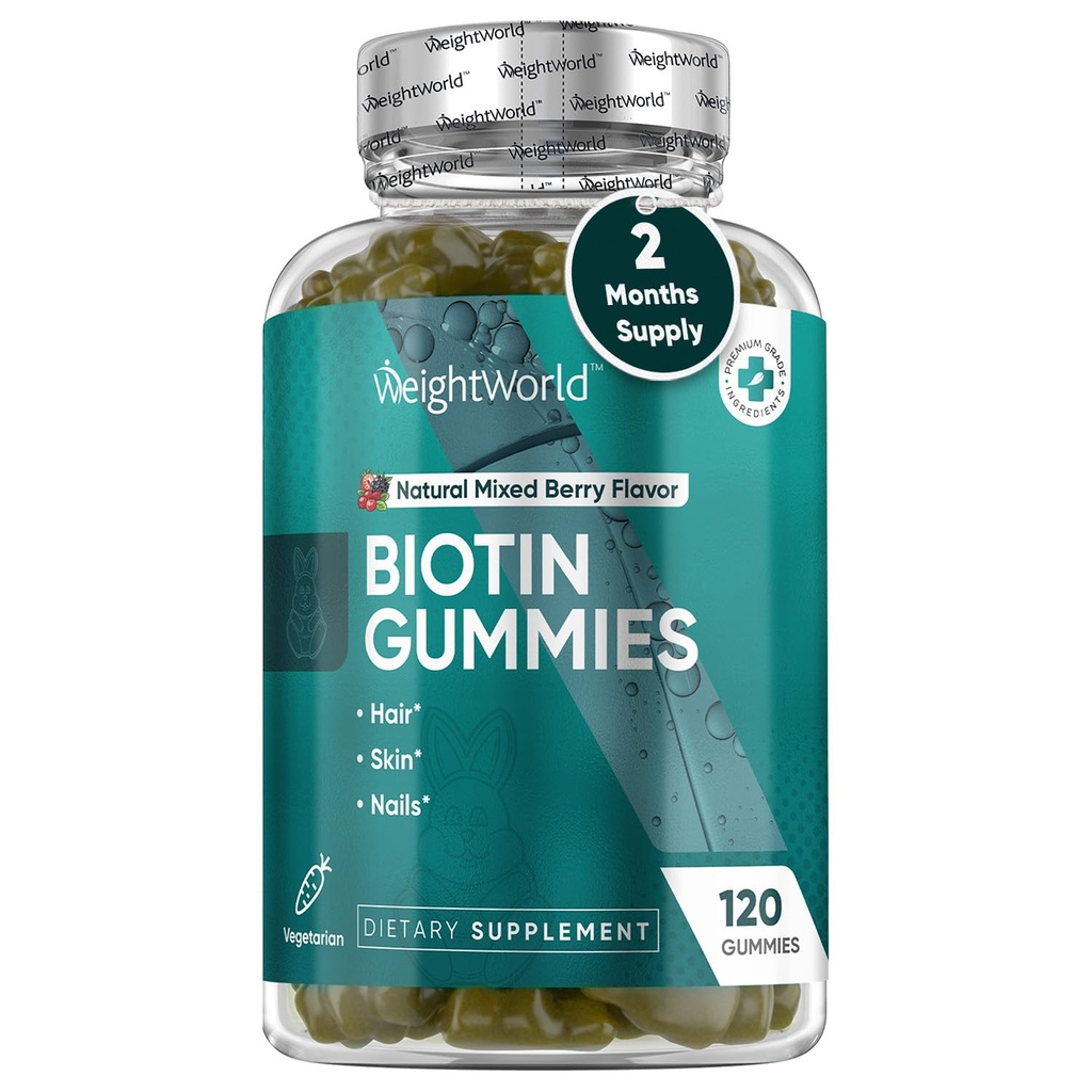 毛、皮及び釘のための重量WorldのBiotinのグミies 5000mcg - 120の計算(60のサービング) - 女性及び人のためのBiotinの補足 - 自然な混合されたベリーによって風味付けられるビオチンのグミ - ベジタリアン及び第三者はテストしました