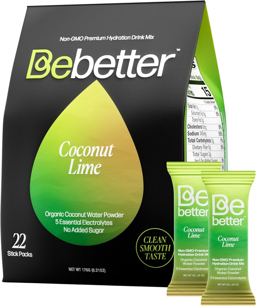Bebetter Organic Electrolytes Powder Packets | 毎日の電解ドリンクミックス | オーガニックココナッツウォーター | 人工香料 | 砂糖無料水分補給パケット | ノンGMO | 22 スティックパック(ココナッツとライム)