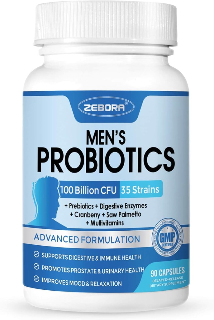 ZEBORA Probiotics for Men 100 Billion CFU - Probiotics for Digestive Health, Men's Probiotic Supplement, Prebiotics & Enzymes, for Prostate Health with Saw Palmetto | 90 Veg Capsules