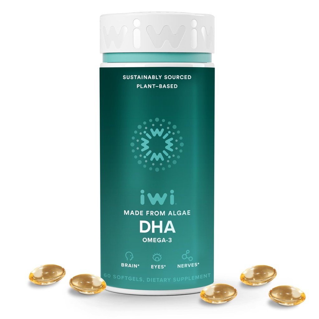 Iwi DHA Omega-3, 60 Softgels (30 サービング), 植物ベースの藻オメガ 3, 脳, 目 & 神経系サポート 栄養補助食品, キルト & 魚油代替品, 魚介の後味なし