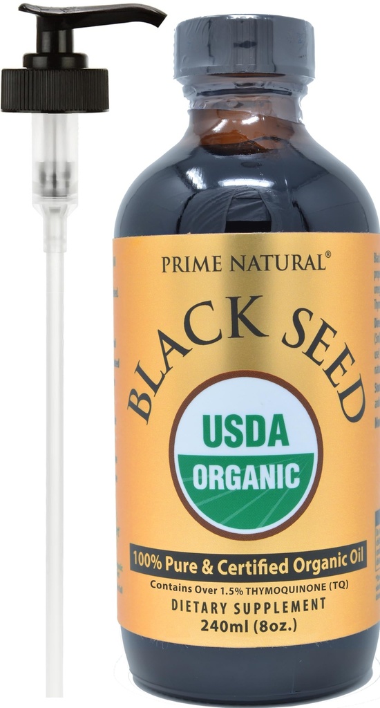 プライムナチュラルオーガニックブラックシードオイル8oz | 冷間プレス未精製ハイティモキノン 1.7% USDA 認定 | トルコ産 純正ニゲラサティバ液 | ビーガンオメガ3 6 9, 酸化防止剤